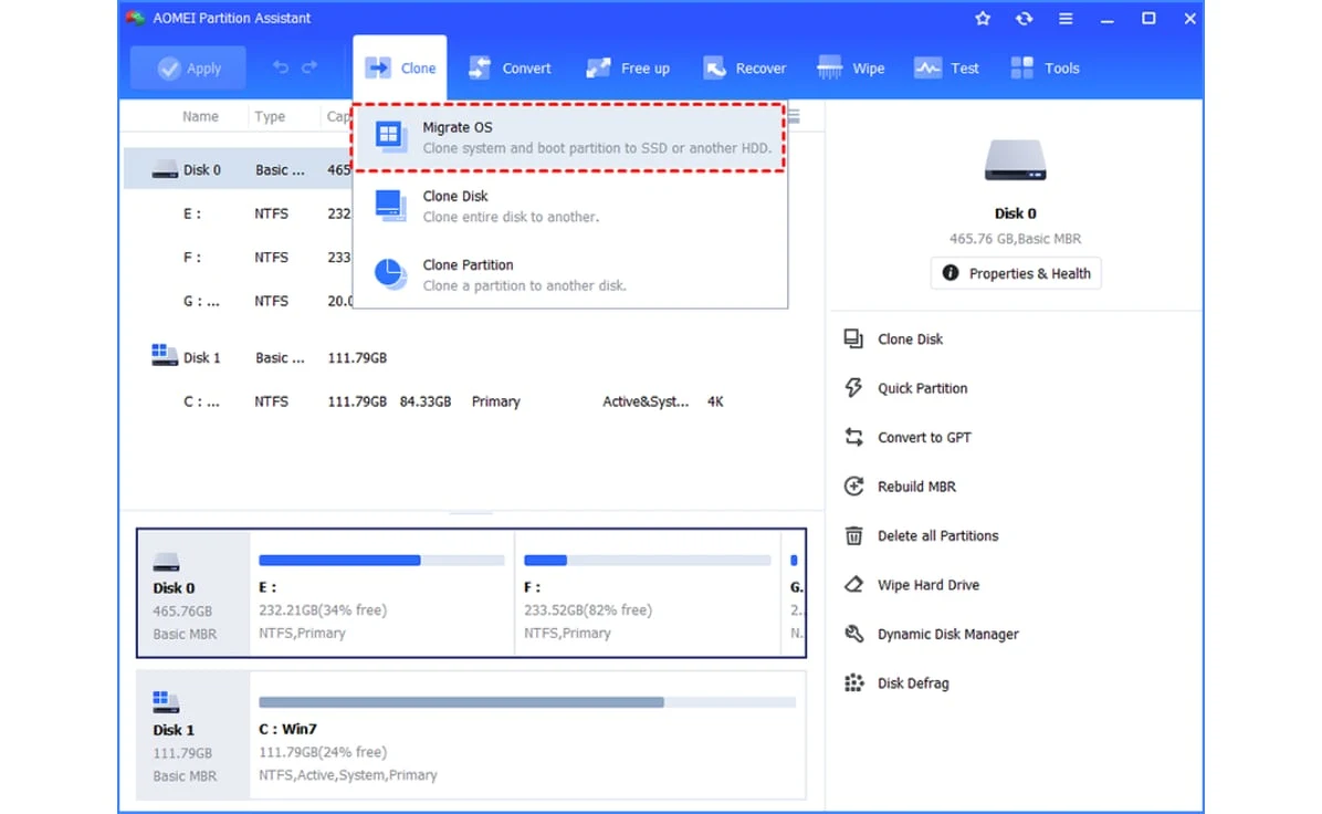 AOMEI Partition Assistant with the Clone menu open and Migrate OS highlighted