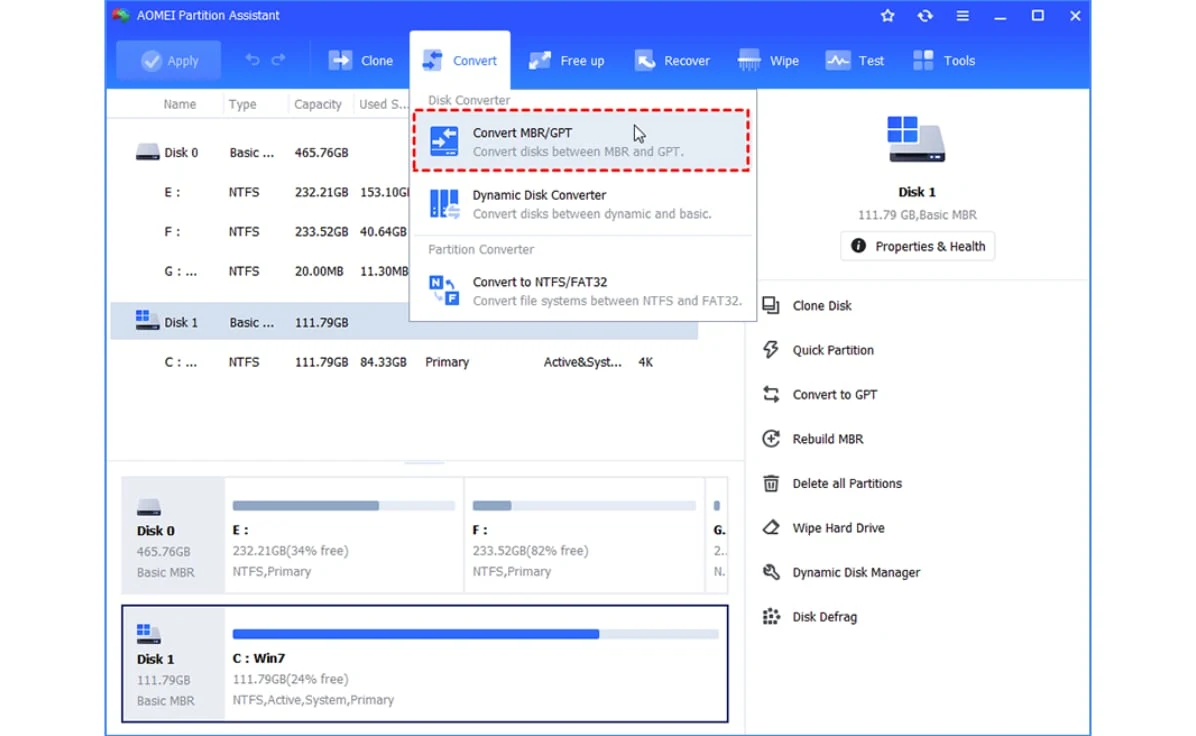 AOMEI Partition Assistant with the Convert menu open and Convert MBR/GPT highlighted