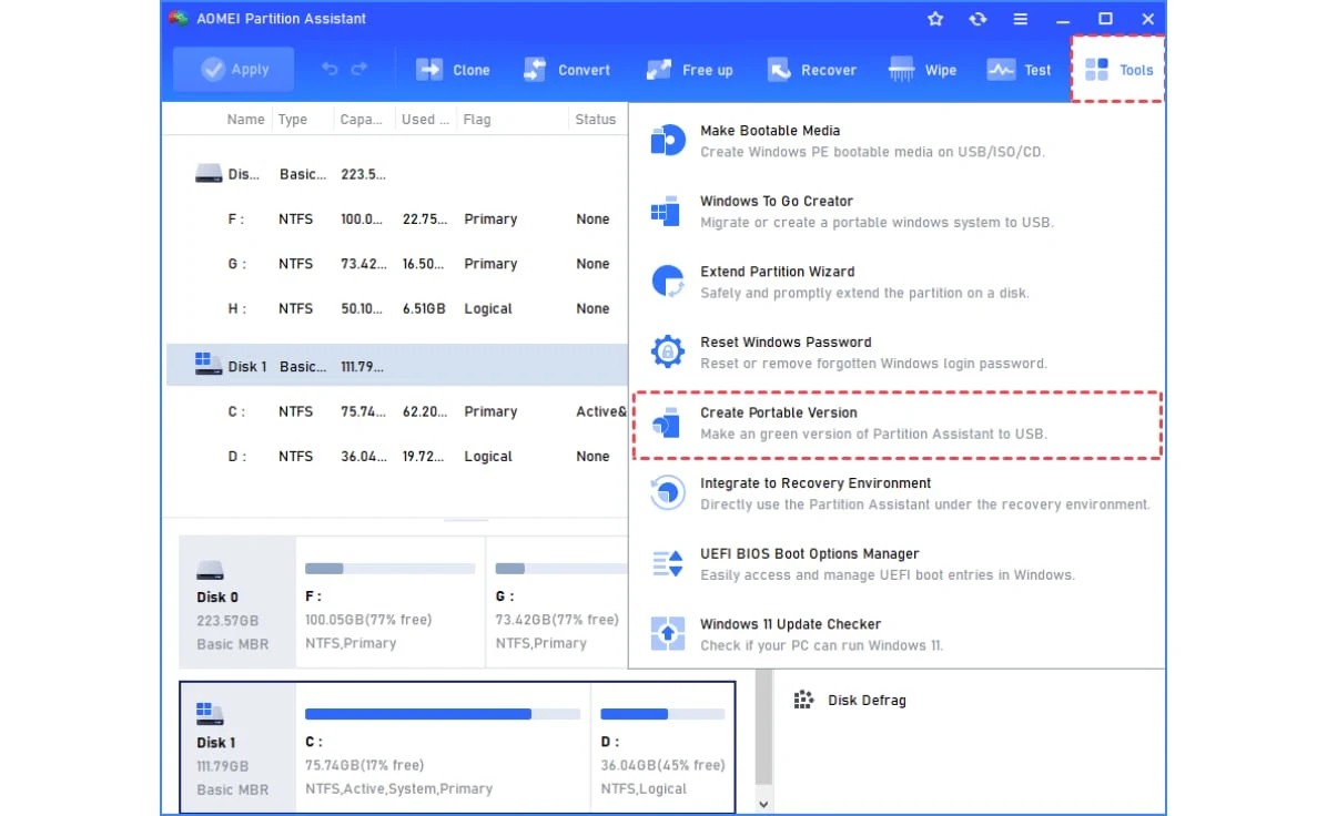 AOMEI Partition Assistant with the Tools menu open and Create Portable Version highlighted