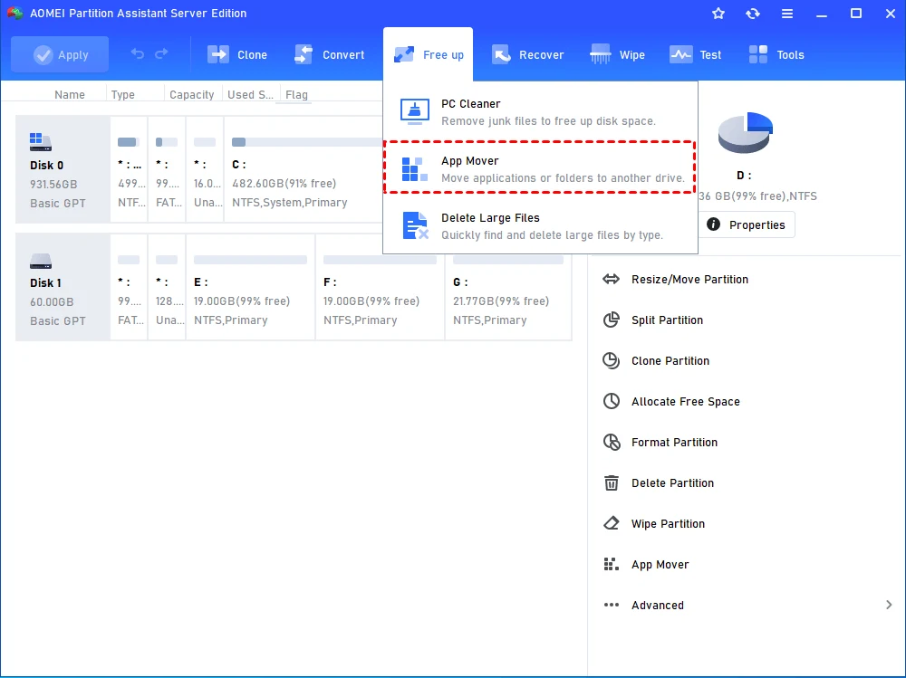 AOMEI Partition Assistant Server Edition with the Free up menu open and App Mover highlighted