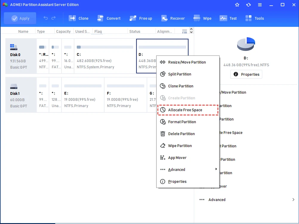 Right-click menu on a partition with Allocate Free Space highlighted