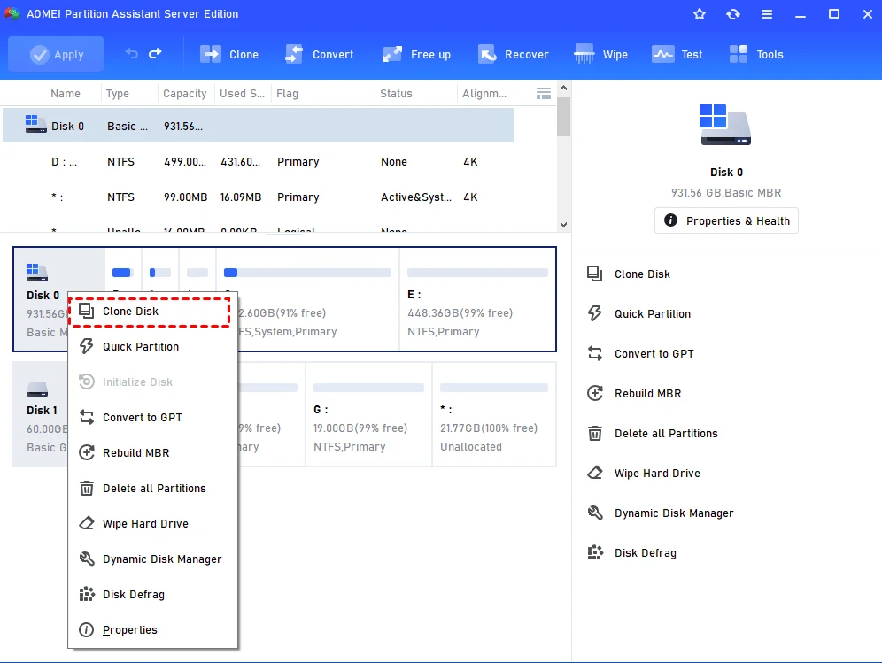 Right-click menu on a disk with Clone Disk highlighted