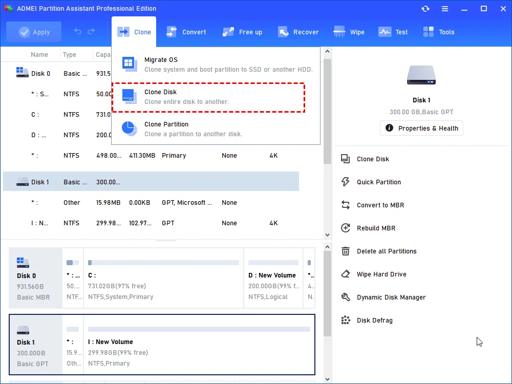 AOMEI Partition Assistant Professional main window with the Clone menu open, showing Migrate OS, Clone Disk and Clone Partition