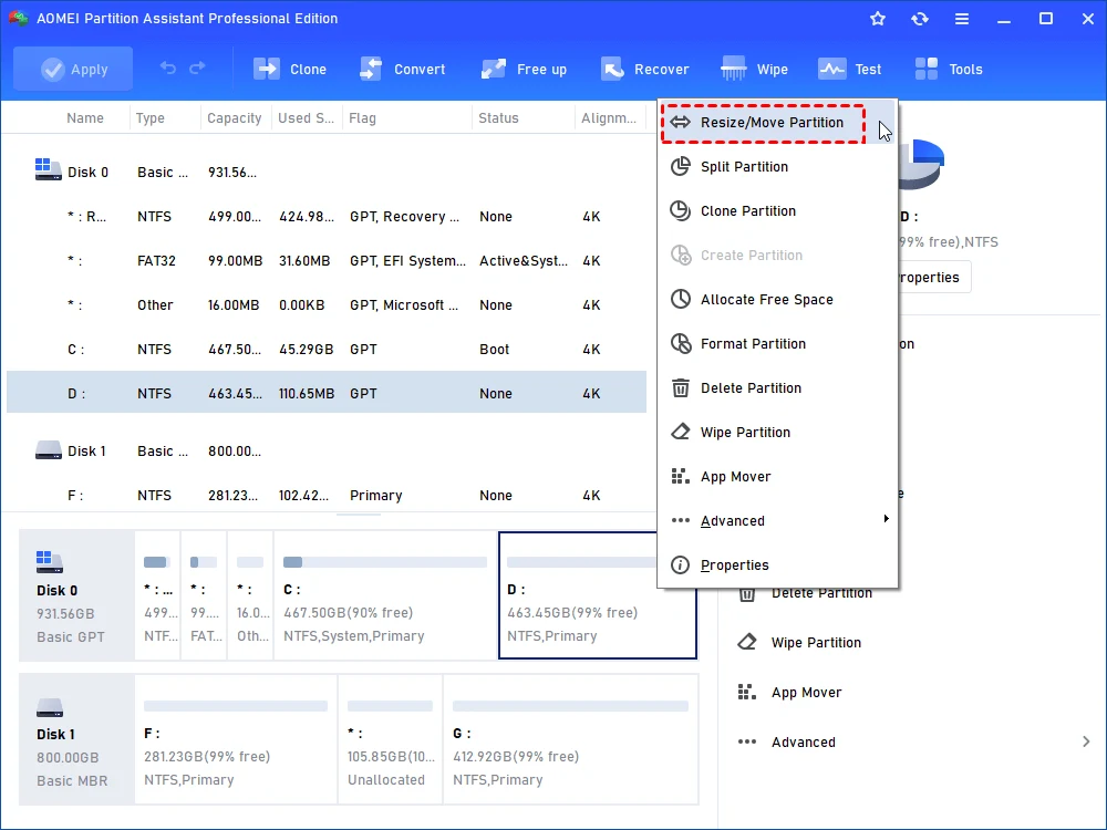Right-click menu on a partition with Resize/Move Partition, Split Partition, Clone Partition and Allocate Free Space