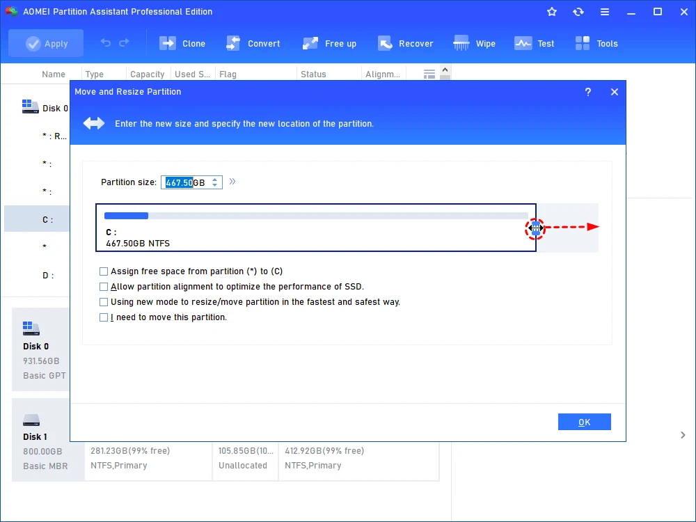 Extending the system partition in AOMEI Partition Assistant Professional